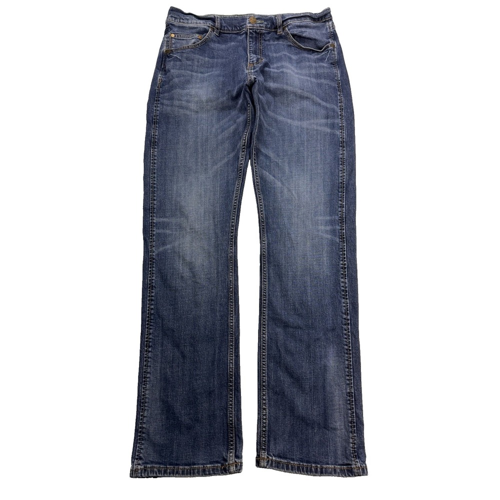 Wrangler Retro Jeans Men's 34x35‎ Blue Slim Straight Whisker Distressed Denim
